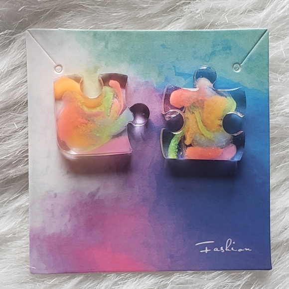 Handmade Rainbow Clear Puzzle Pieces Stud Earrings - Reacts to UV Light - Picture 7 of 7